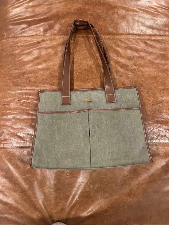 Etienne Aigner Handbags - Etienne Aigner Olive Canvas Messenger Tote with Brown Leather Trim
